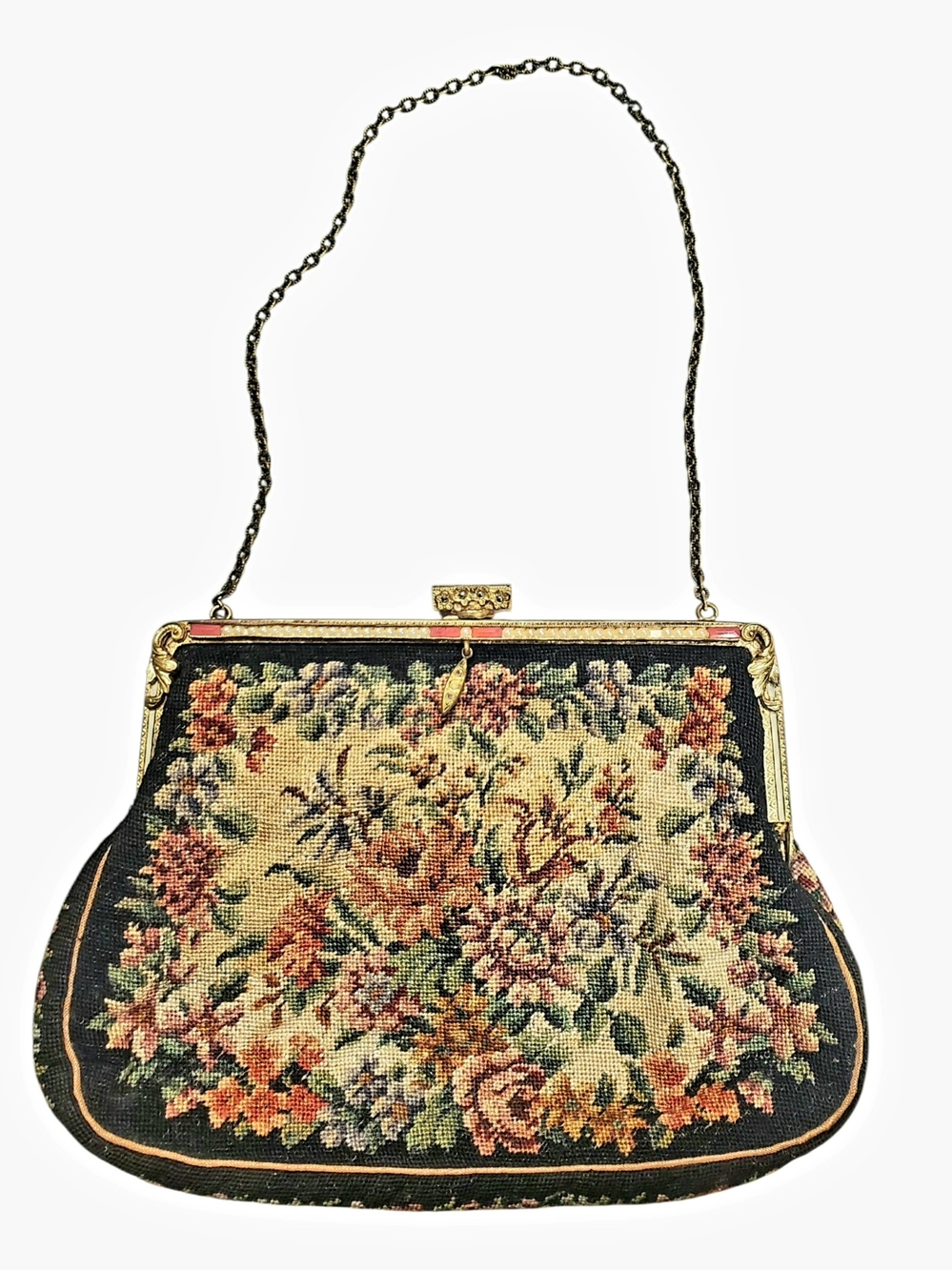 VTG John Wanamaker Austrian Petit Point Floral Tapestry Evening Bag Brass Clasp